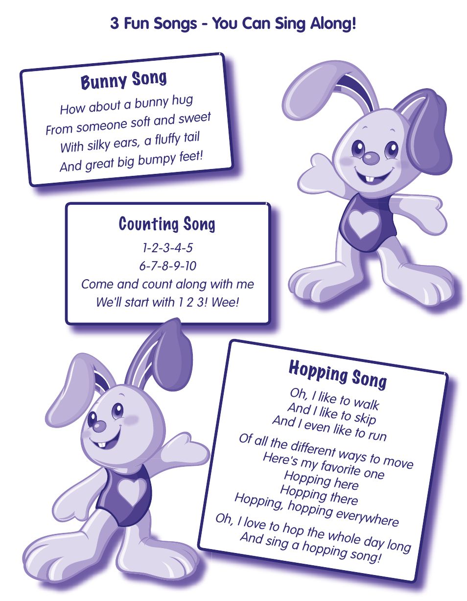 3 fun songs - you can sing along! counting song, Bunny song, Hopping song | Fisher-Price LEARNING BUNNY J4839 User Manual | Page 5 / 6