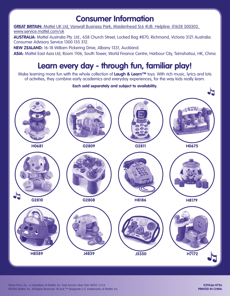 Learn every day - through fun, familiar play, Consumer information | Fisher-Price LEARNING BUNNY J4839 User Manual | Page 6 / 6