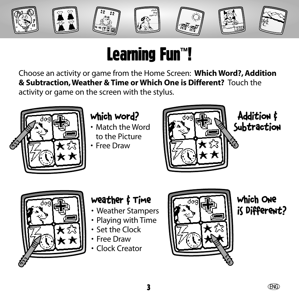 Learning fun | Fisher-Price 73654 User Manual | Page 3 / 36