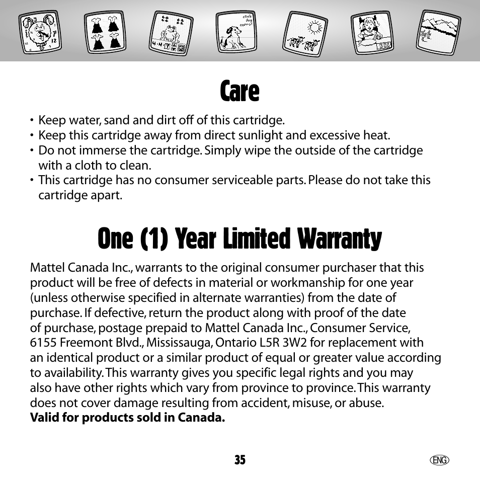 Care, One (1) year limited warranty | Fisher-Price 73654 User Manual | Page 35 / 36