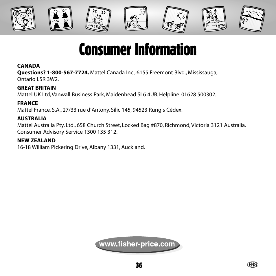 Consumer information | Fisher-Price 73654 User Manual | Page 36 / 36