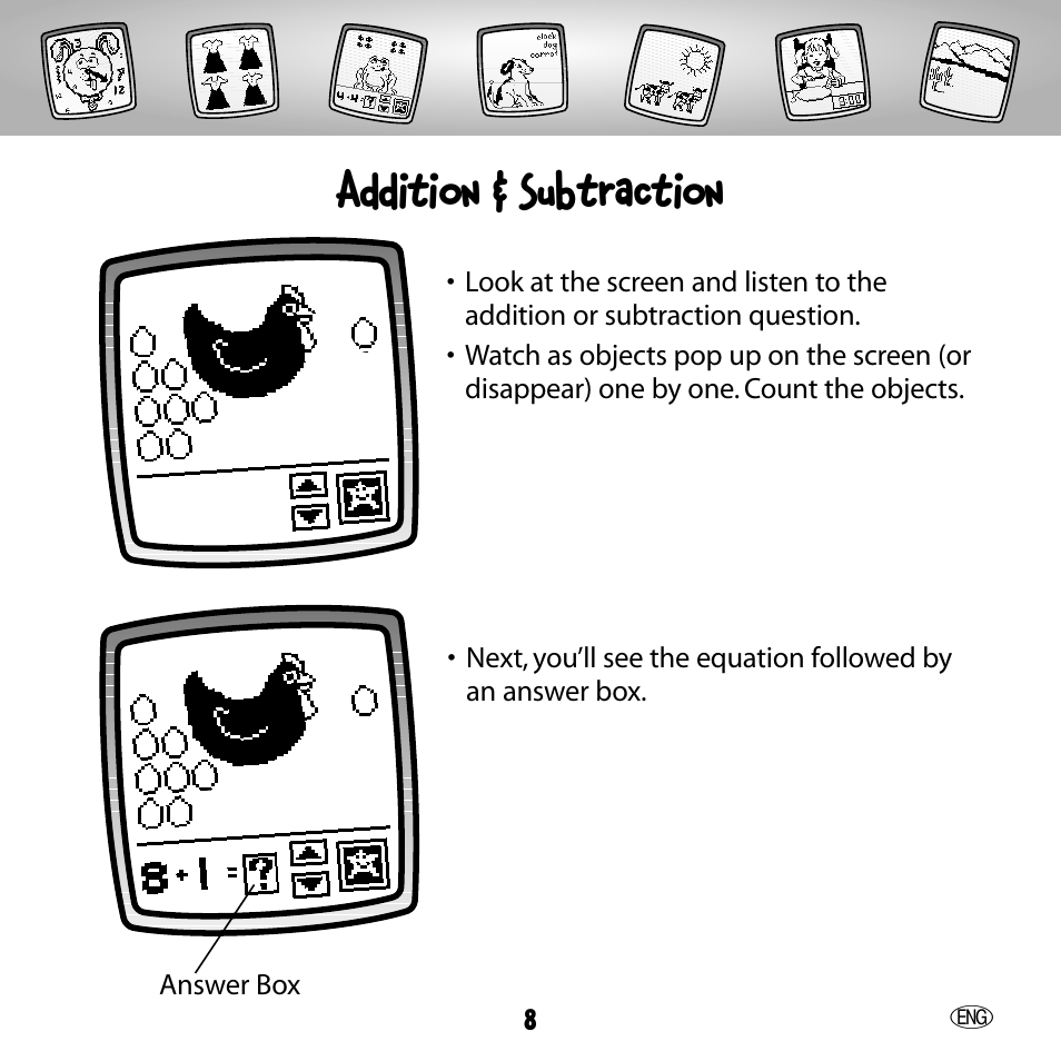 Addition & subtraction | Fisher-Price 73654 User Manual | Page 8 / 36