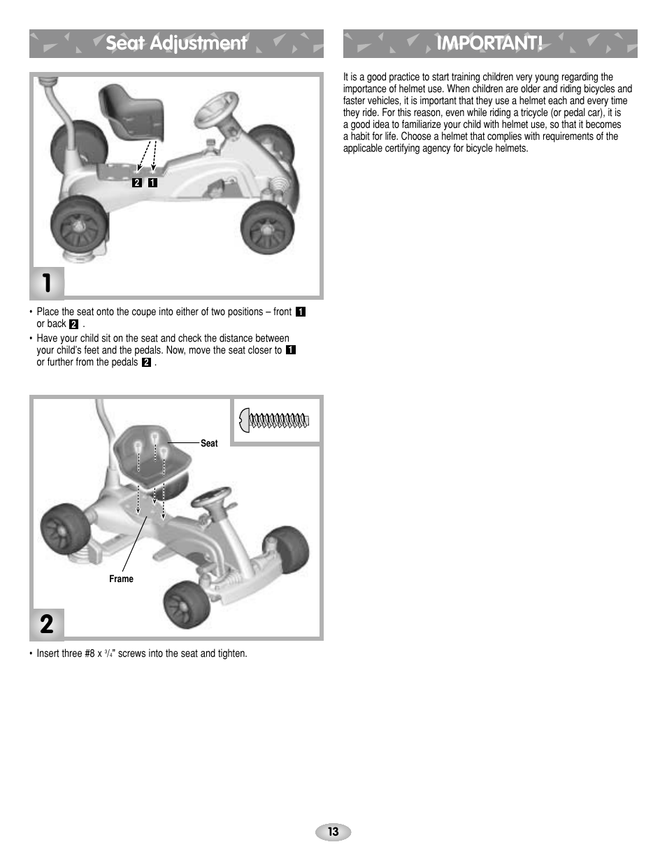Seat adjustment, Important | Fisher-Price BOUNCE N GO G4815 User Manual | Page 13 / 16