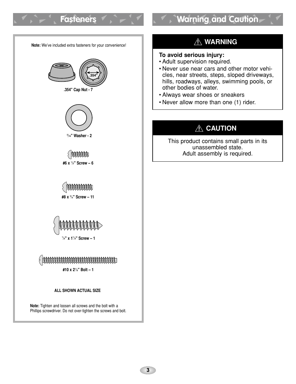 Warning and caution, Fasteners, Caution warning | Fisher-Price BOUNCE N GO G4815 User Manual | Page 3 / 16