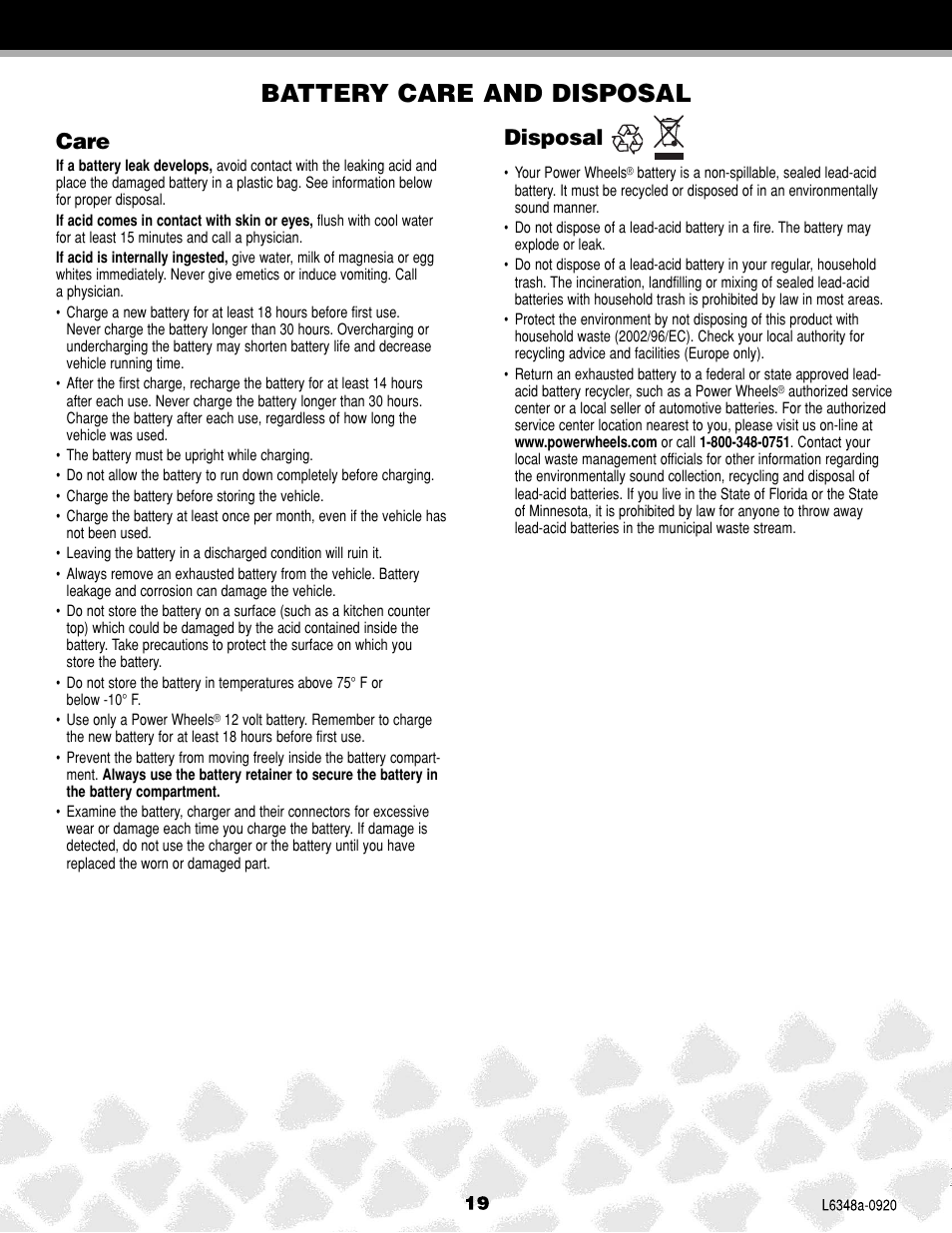Battery care and disposal, Care, Disposal | Fisher-Price L6348 User Manual | Page 19 / 28