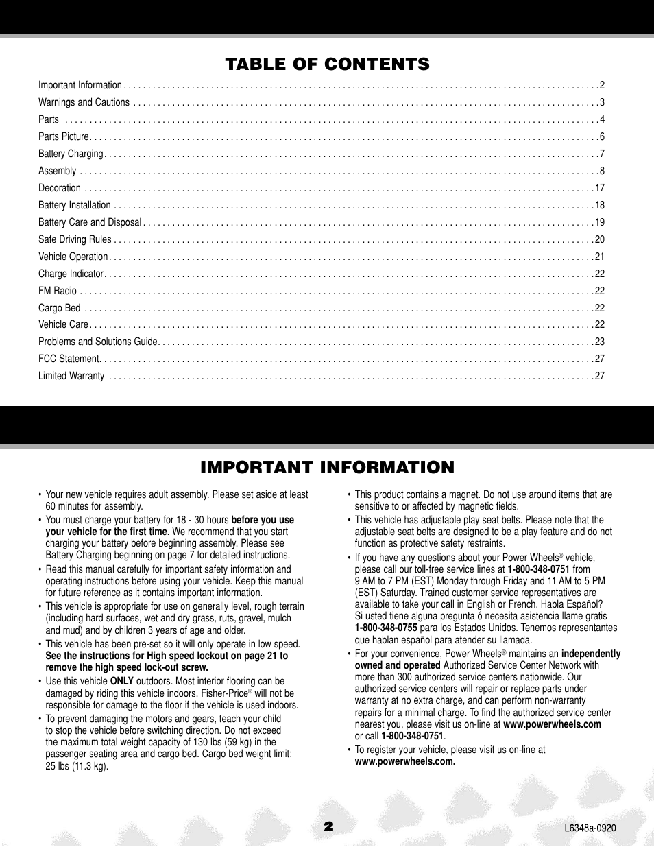 Important information table of contents | Fisher-Price L6348 User Manual | Page 2 / 28
