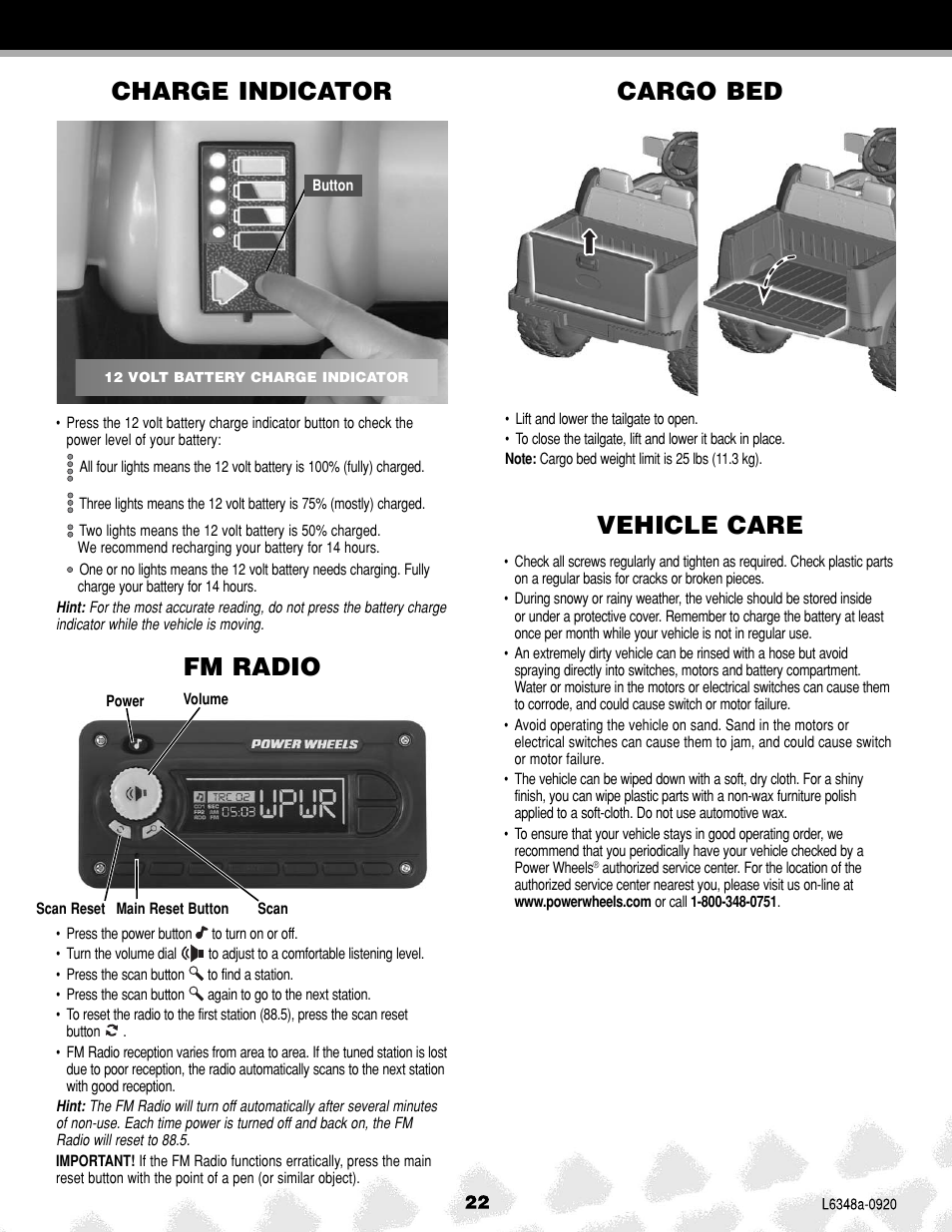 Vehicle care, Charge indicator, Fm radio | Cargo bed | Fisher-Price L6348 User Manual | Page 22 / 28