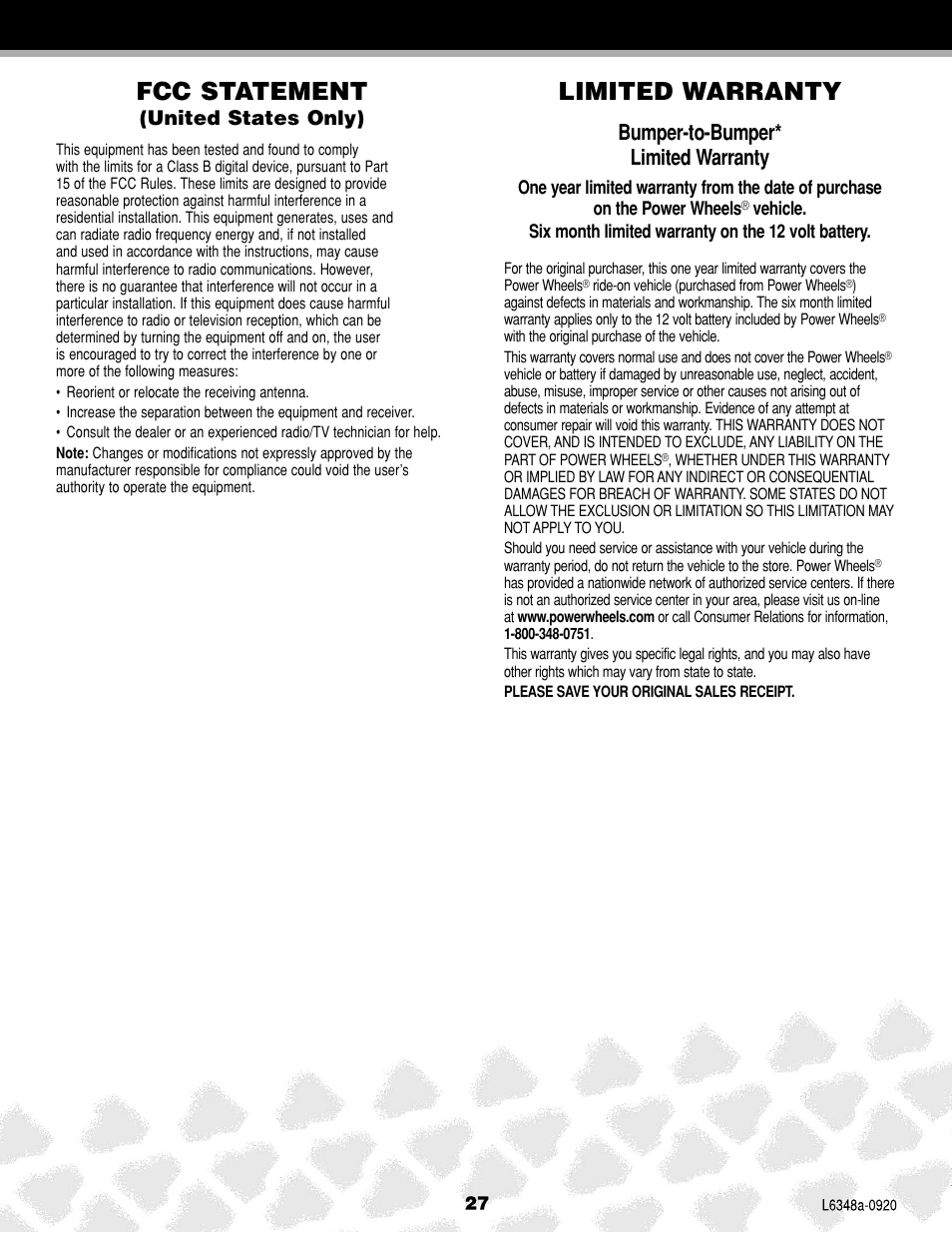 Limited warranty fcc statement, Bumper-to-bumper* limited warranty, United states only) | Fisher-Price L6348 User Manual | Page 27 / 28
