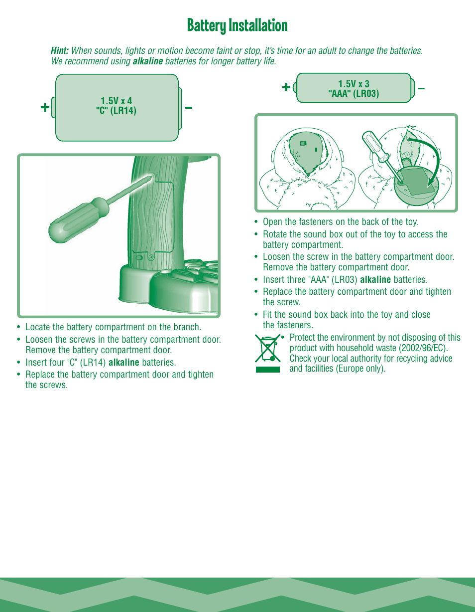 Battery installation | Fisher-Price Snuggle-Kins K9703 User Manual | Page 3 / 6
