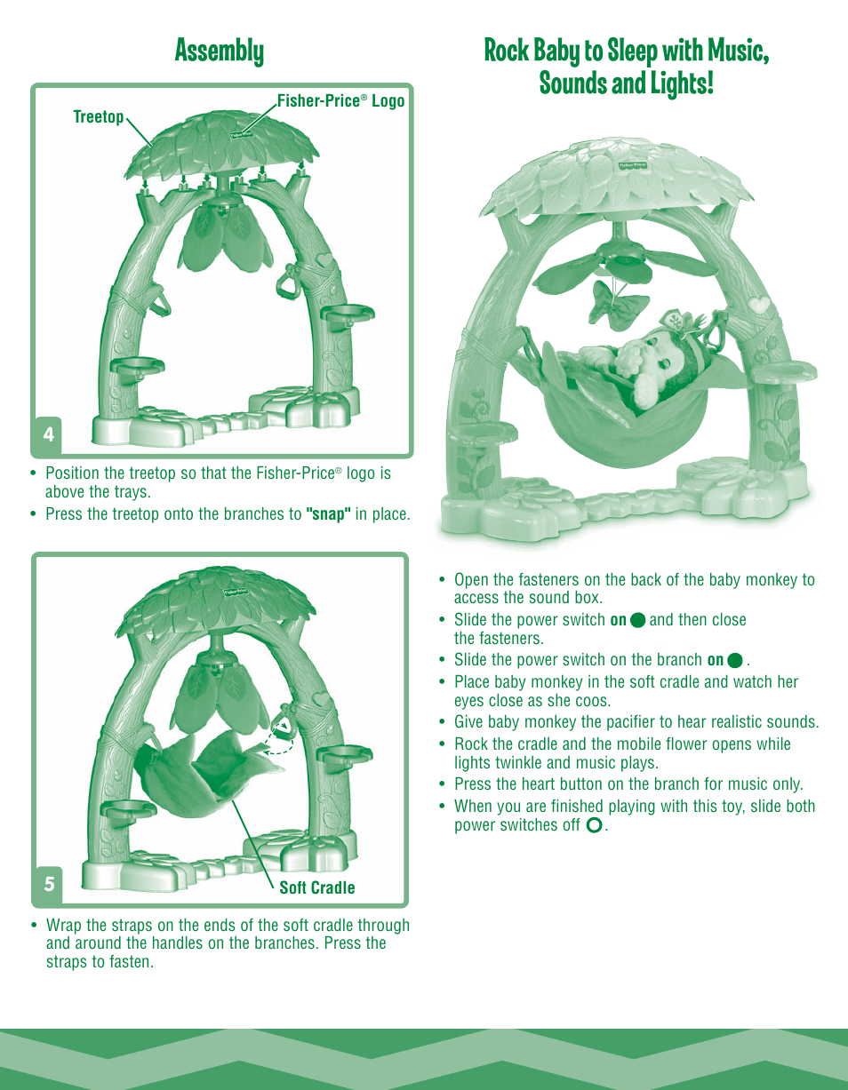Rock baby to sleep with music, sounds and lights, Assembly | Fisher-Price Snuggle-Kins K9703 User Manual | Page 5 / 6