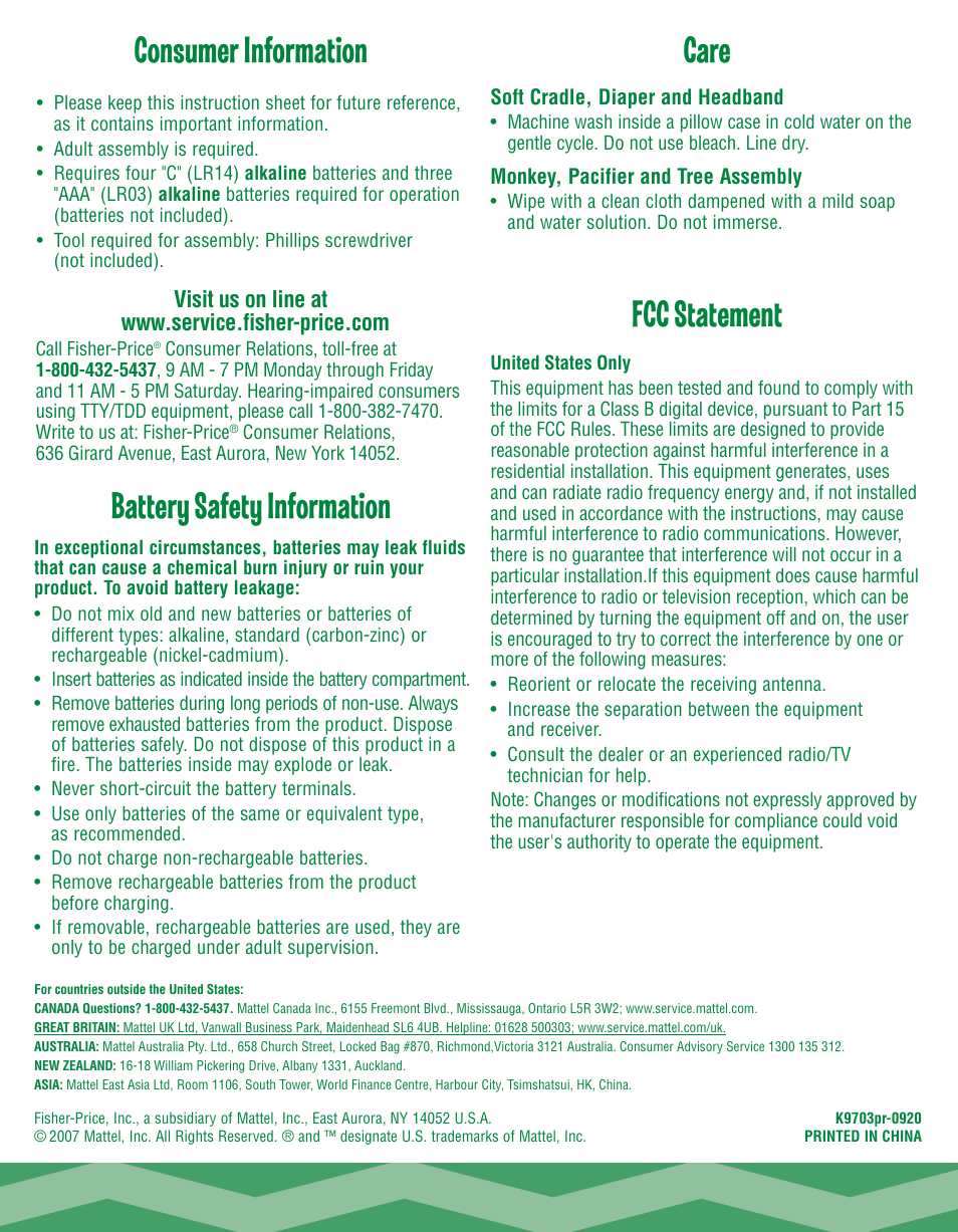 Care consumer information fcc statement, Battery safety information | Fisher-Price Snuggle-Kins K9703 User Manual | Page 6 / 6