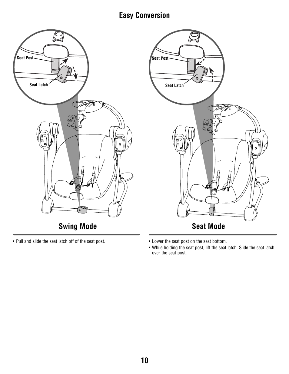 10 easy conversion, Seat mode, Seat mode swing mode | Fisher-Price T2065 User Manual | Page 10 / 12