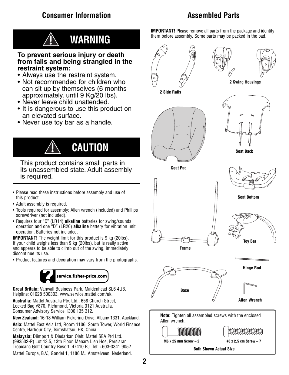 Warning, Caution, Consumer information | Assembled parts | Fisher-Price T2065 User Manual | Page 2 / 12