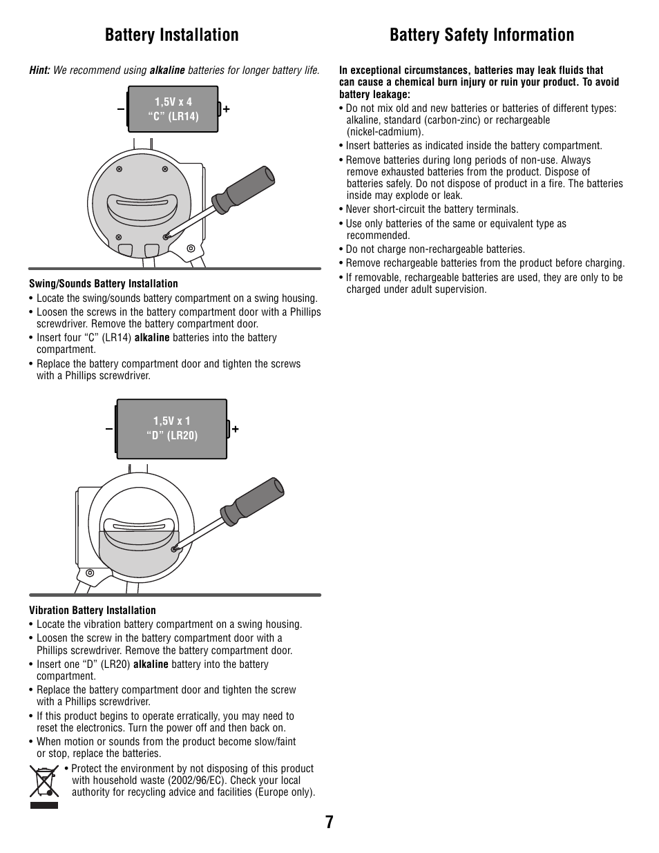 7battery installation, Battery safety information | Fisher-Price T2065 User Manual | Page 7 / 12