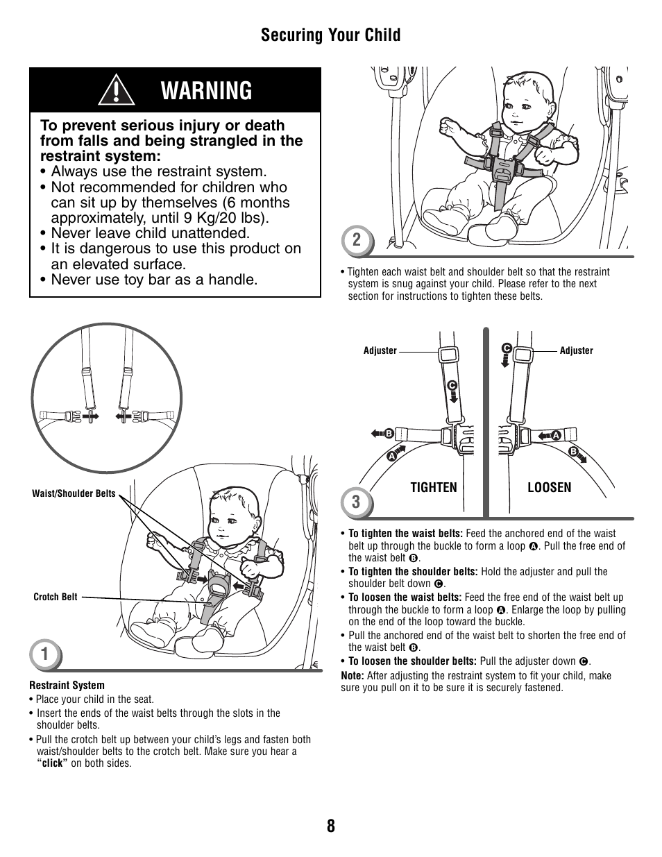 Warning, 81 securing your child | Fisher-Price T2065 User Manual | Page 8 / 12