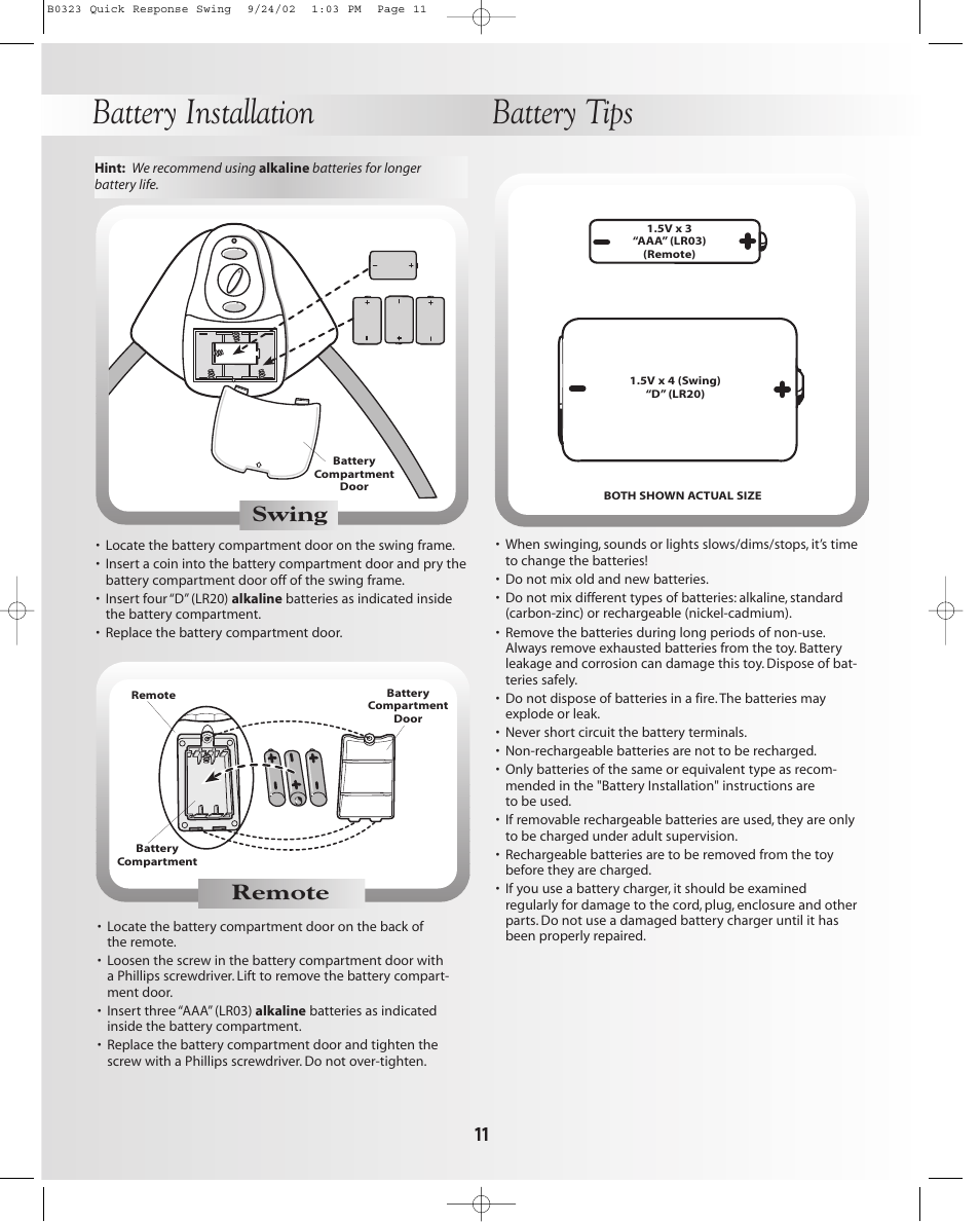 Battery installation battery tips, Remote, Swing | Fisher-Price B0323 User Manual | Page 11 / 16