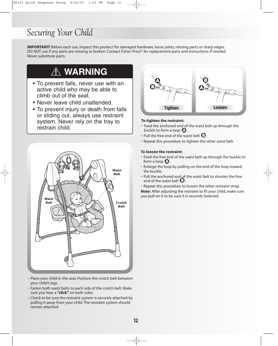 Securing your child, Warning | Fisher-Price B0323 User Manual | Page 12 / 16