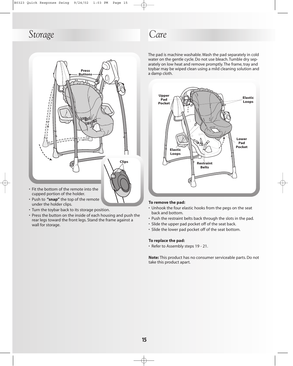 Care storage | Fisher-Price B0323 User Manual | Page 15 / 16