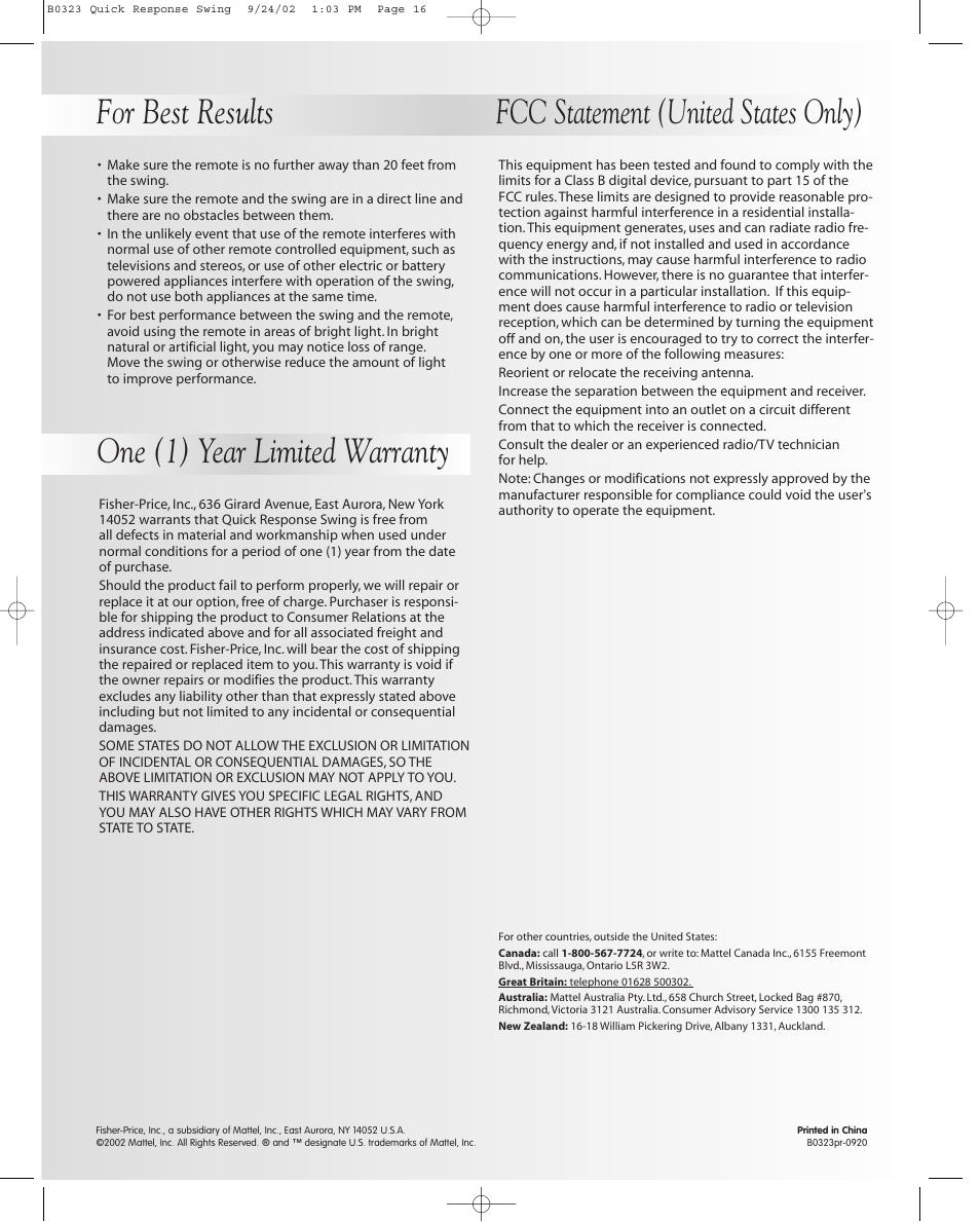 One (1) year limited warranty | Fisher-Price B0323 User Manual | Page 16 / 16