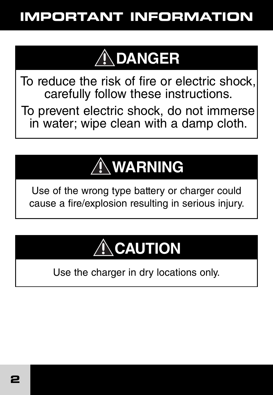 Danger, Caution, Warning | Fisher-Price 6 VOLT QUICK CHARGER J1717 User Manual | Page 2 / 10