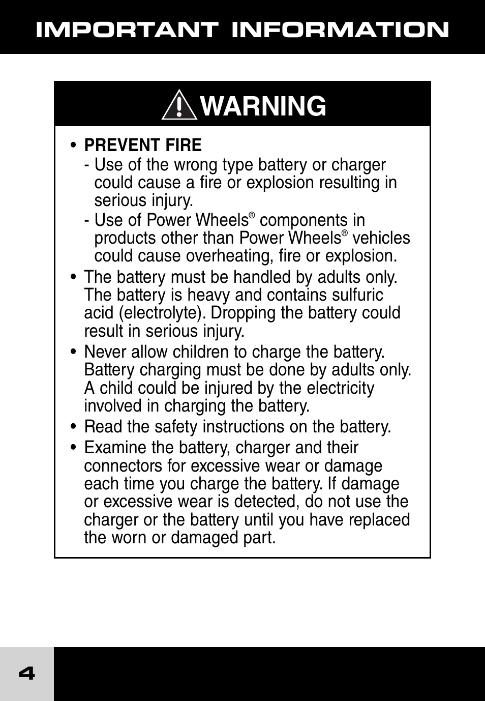Warning, Important information | Fisher-Price 6 VOLT QUICK CHARGER J1717 User Manual | Page 4 / 10