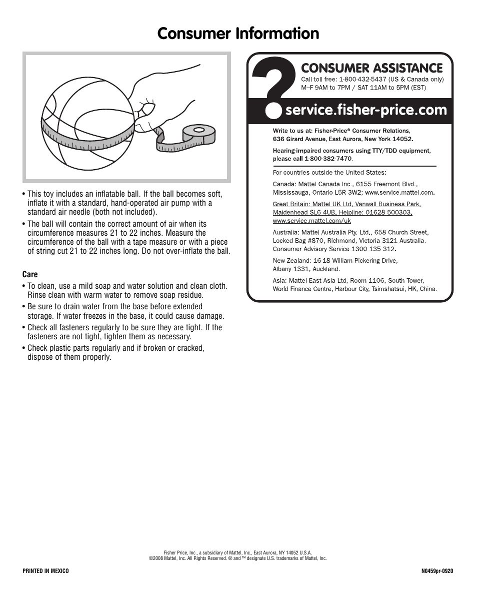 Consumer information | Fisher-Price N0459 User Manual | Page 8 / 8