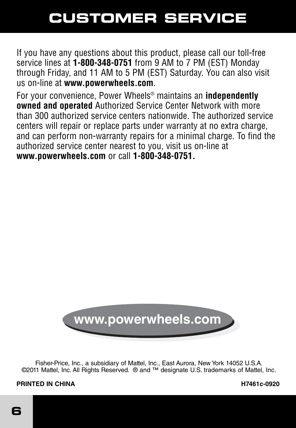 Customer service | Fisher-Price POWER WHEELS J1718 User Manual | Page 6 / 10