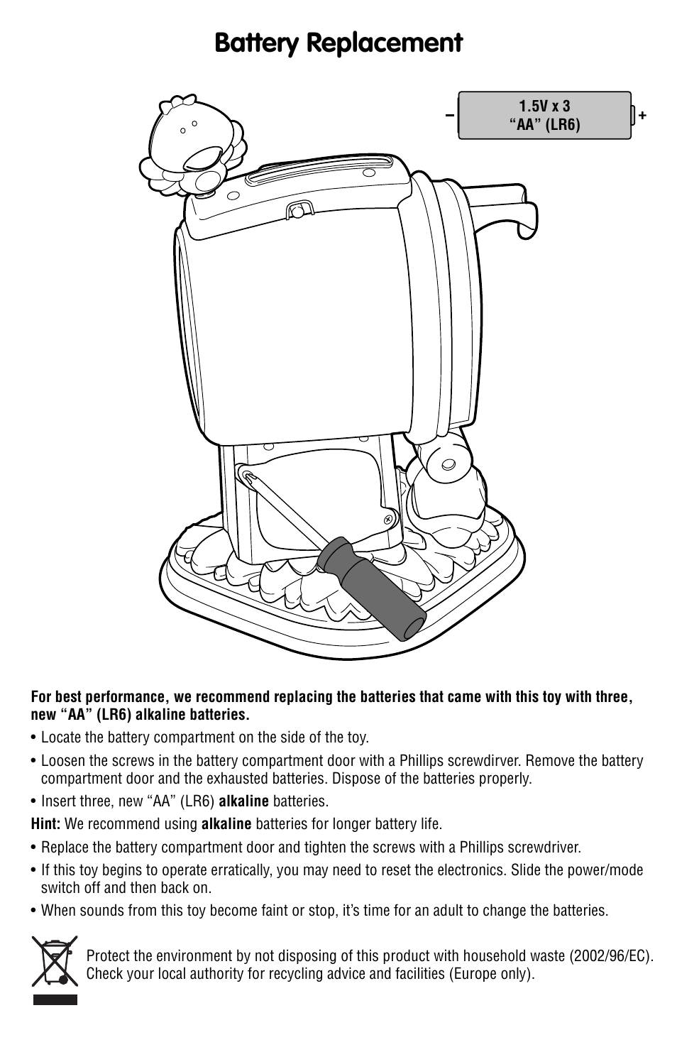 Battery replacement | Fisher-Price N8770 User Manual | Page 2 / 5