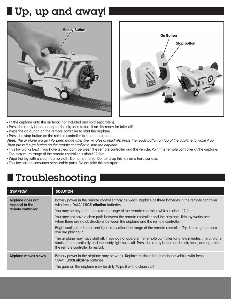 Up, up and away, Troubleshooting | Fisher-Price GEOTRAX N1250 User Manual | Page 3 / 4