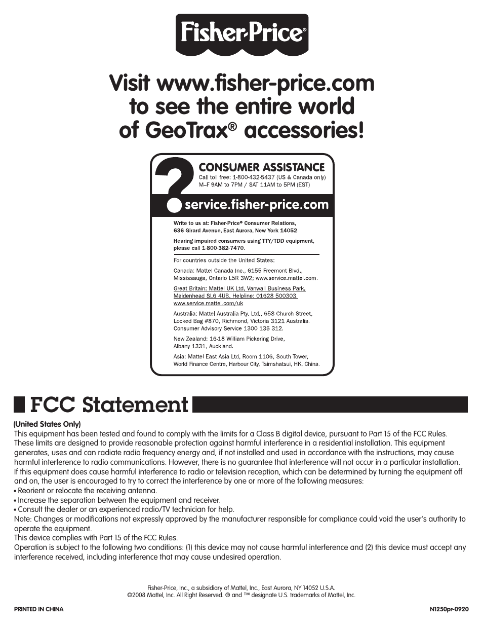 Accessories, Fcc statement | Fisher-Price GEOTRAX N1250 User Manual | Page 4 / 4