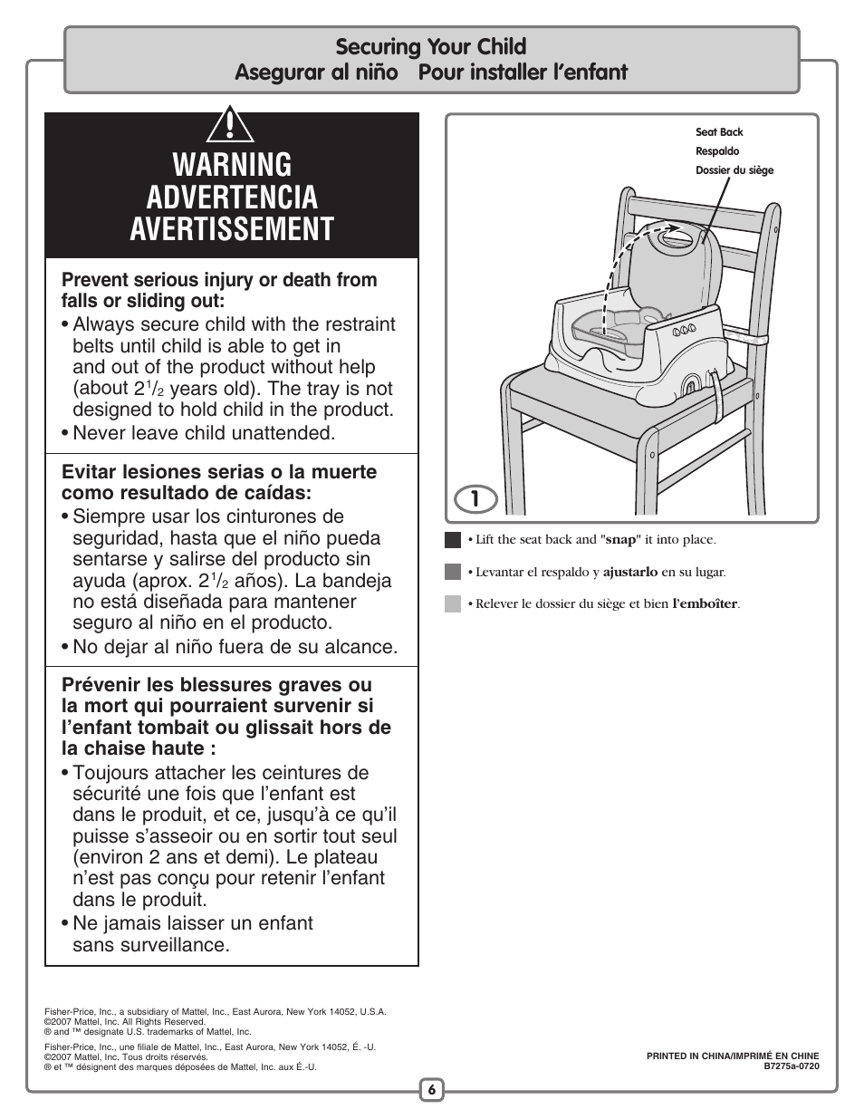 Warning advertencia avertissement | Fisher-Price B7275 User Manual | Page 6 / 12