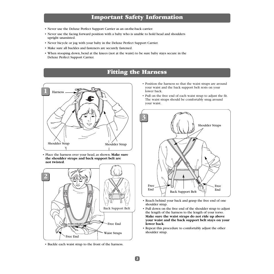 Important safety information, Fitting the harness | Fisher-Price FACING YOU 79471 User Manual | Page 2 / 8