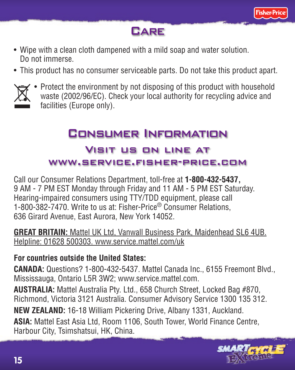 Care, Consumer information | Fisher-Price SMART CYCLE EXTREME R2763 User Manual | Page 15 / 16