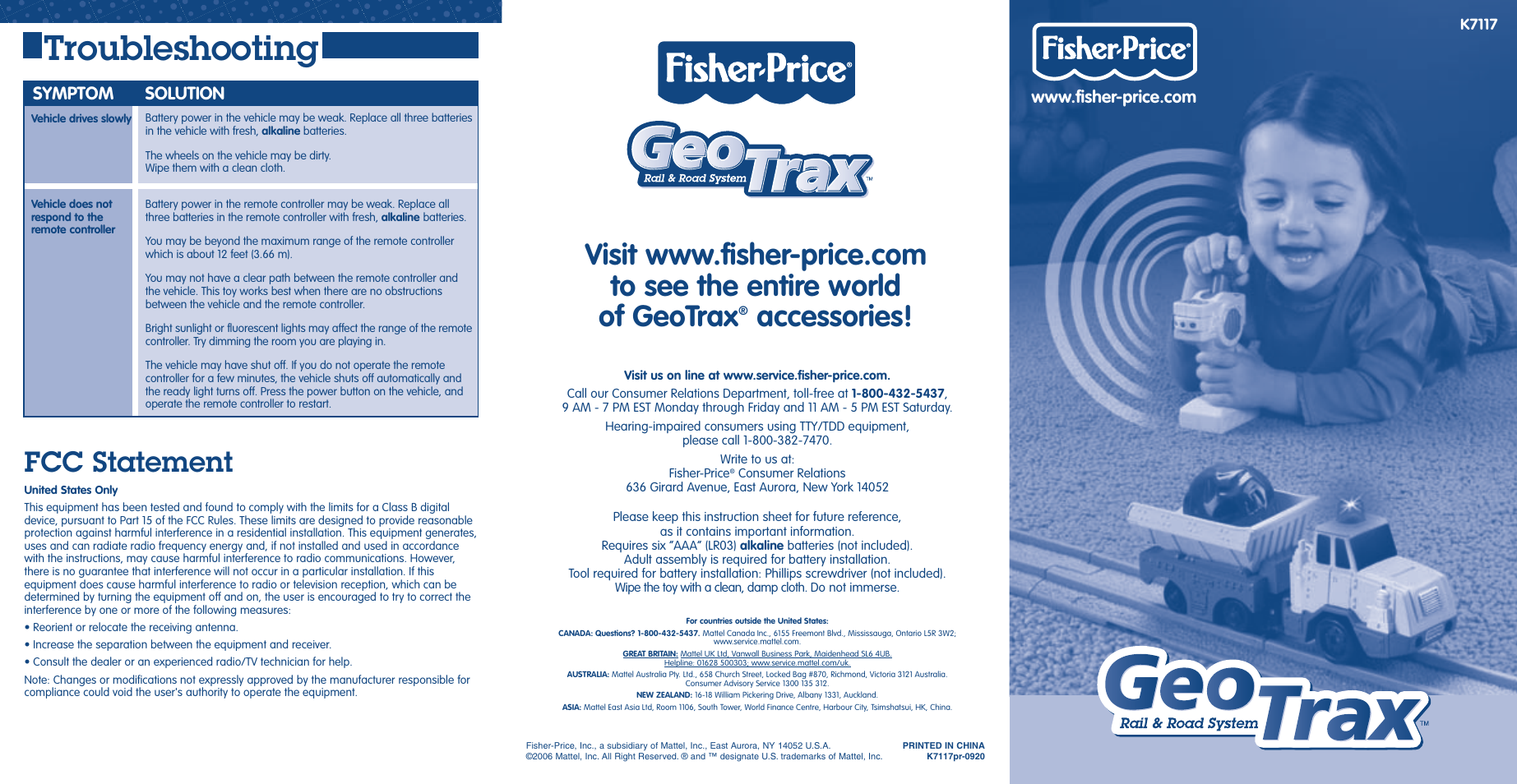 Troubleshooting, Accessories, Fcc statement | Symptom solution | Fisher-Price K7117 User Manual | Page 5 / 5