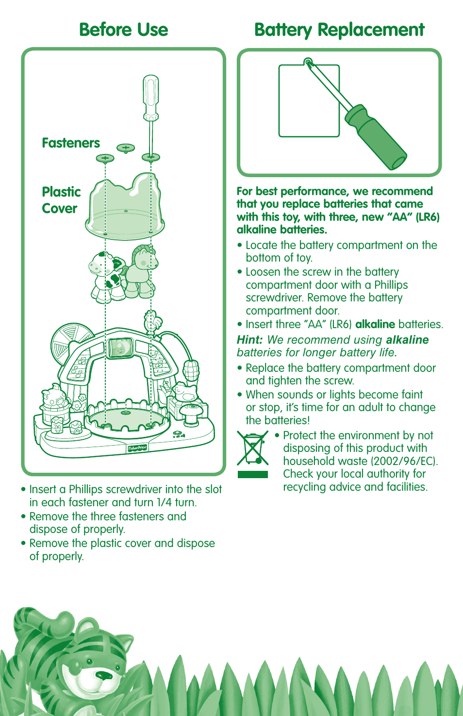 Battery replacement before use | Fisher-Price AMAZING ANIMALS L4615 User Manual | Page 2 / 4