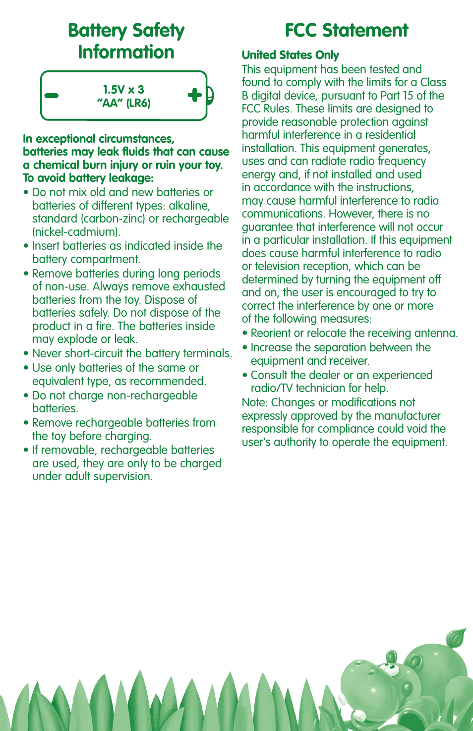 Battery safety information, Fcc statement | Fisher-Price AMAZING ANIMALS L4615 User Manual | Page 3 / 4