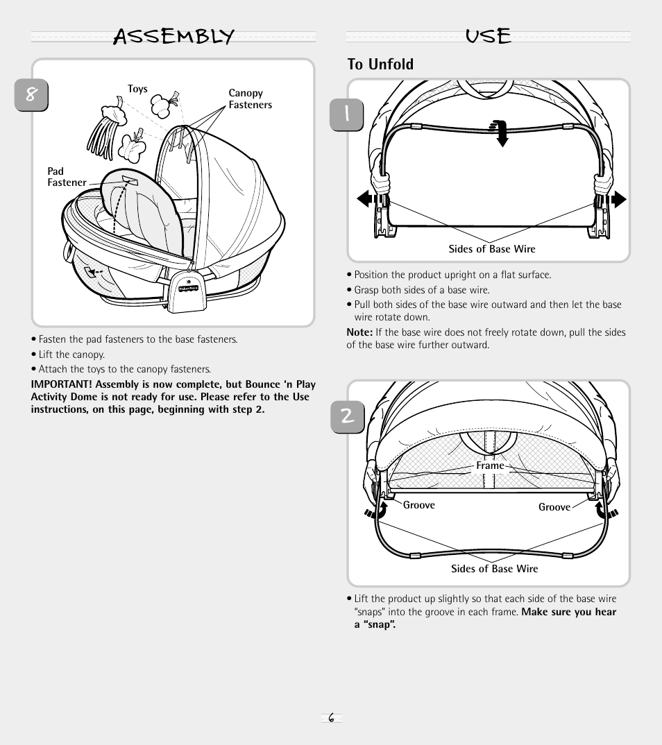 Assembly 8, Use 1 | Fisher-Price BOUNCE 'N PLAY ACTIVITY DOME 79546 User Manual | Page 6 / 8