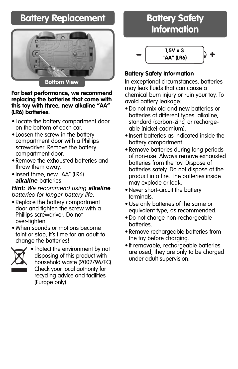 Battery replacement battery safety information | Fisher-Price G5780 User Manual | Page 2 / 4