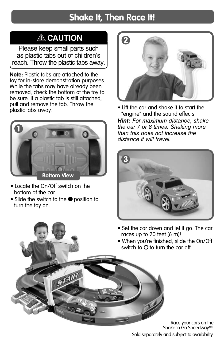 Shake it, then race it, Caution | Fisher-Price G5780 User Manual | Page 3 / 4