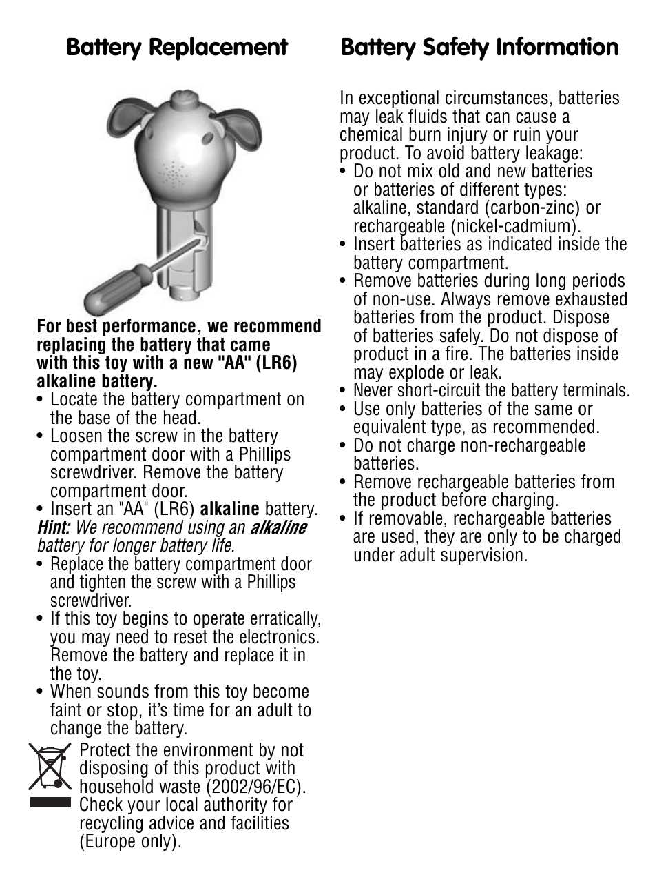Battery replacement, Battery safety information | Fisher-Price N7046N7046 User Manual | Page 2 / 4