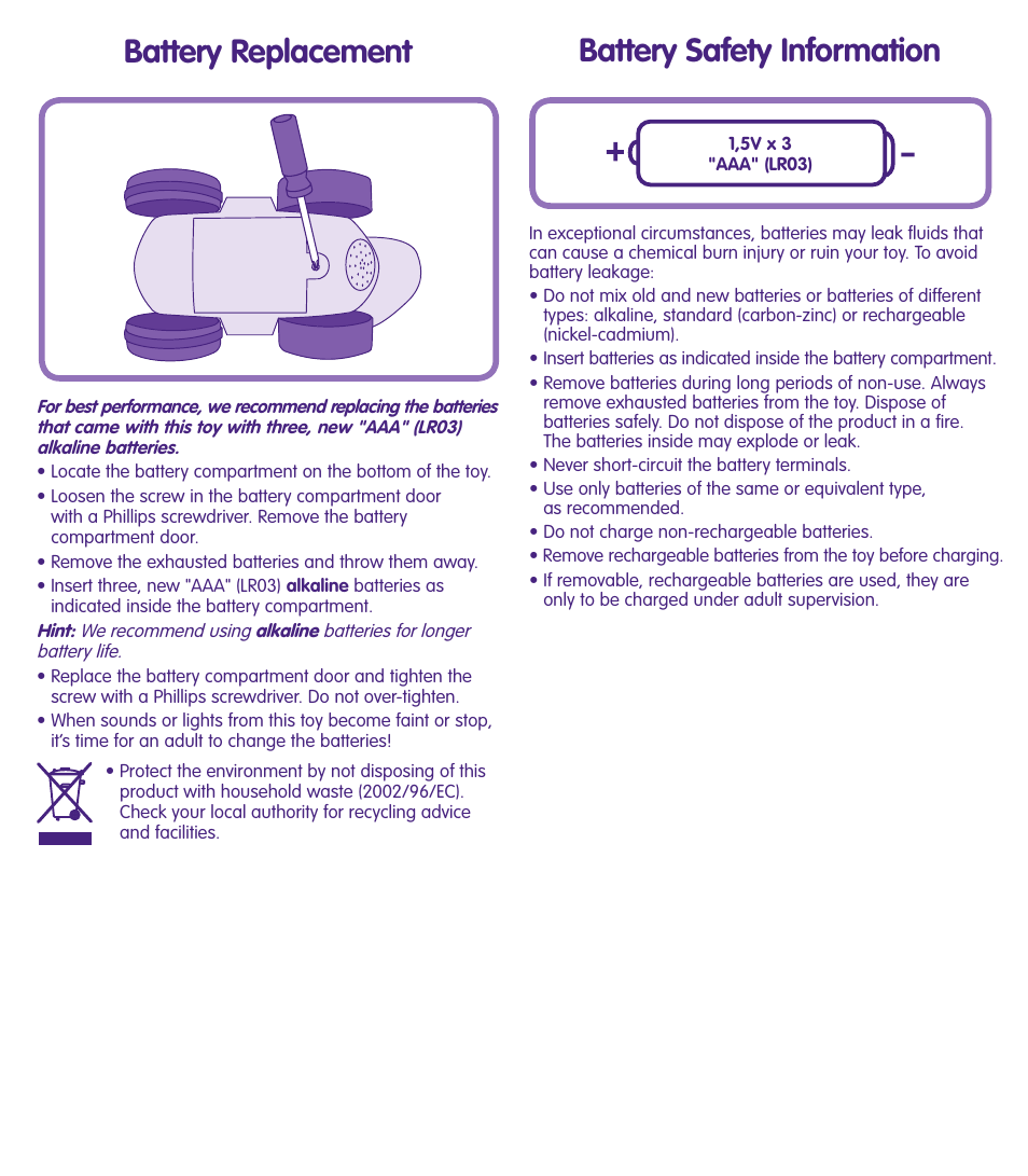 Battery safety information battery replacement | Fisher-Price LAUGH & LEARN L7953 User Manual | Page 2 / 4
