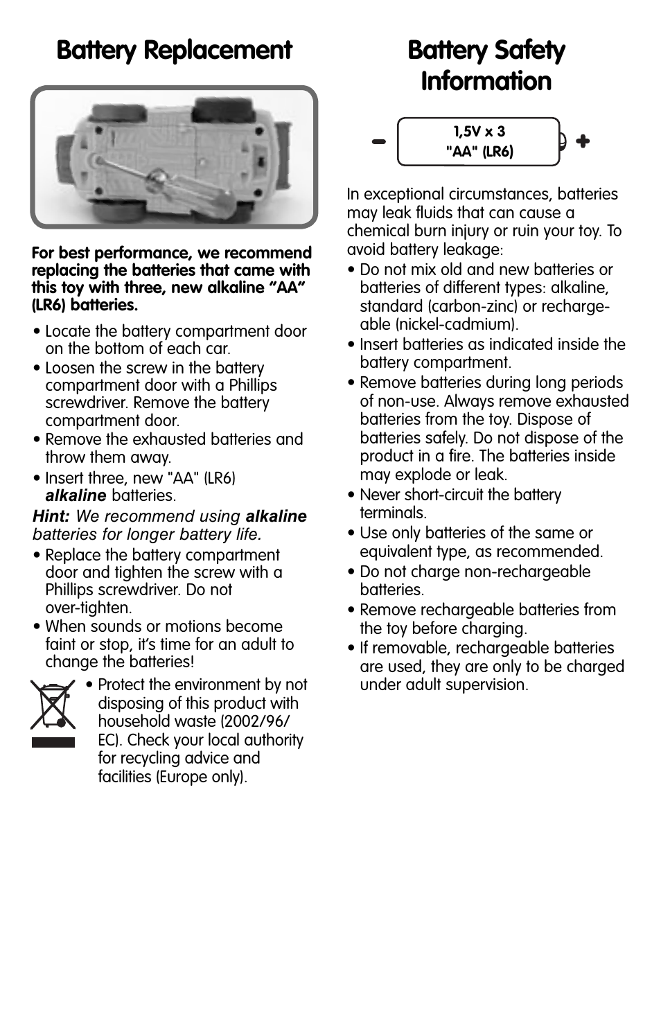 Battery replacement battery safety information | Fisher-Price L3778 User Manual | Page 2 / 4