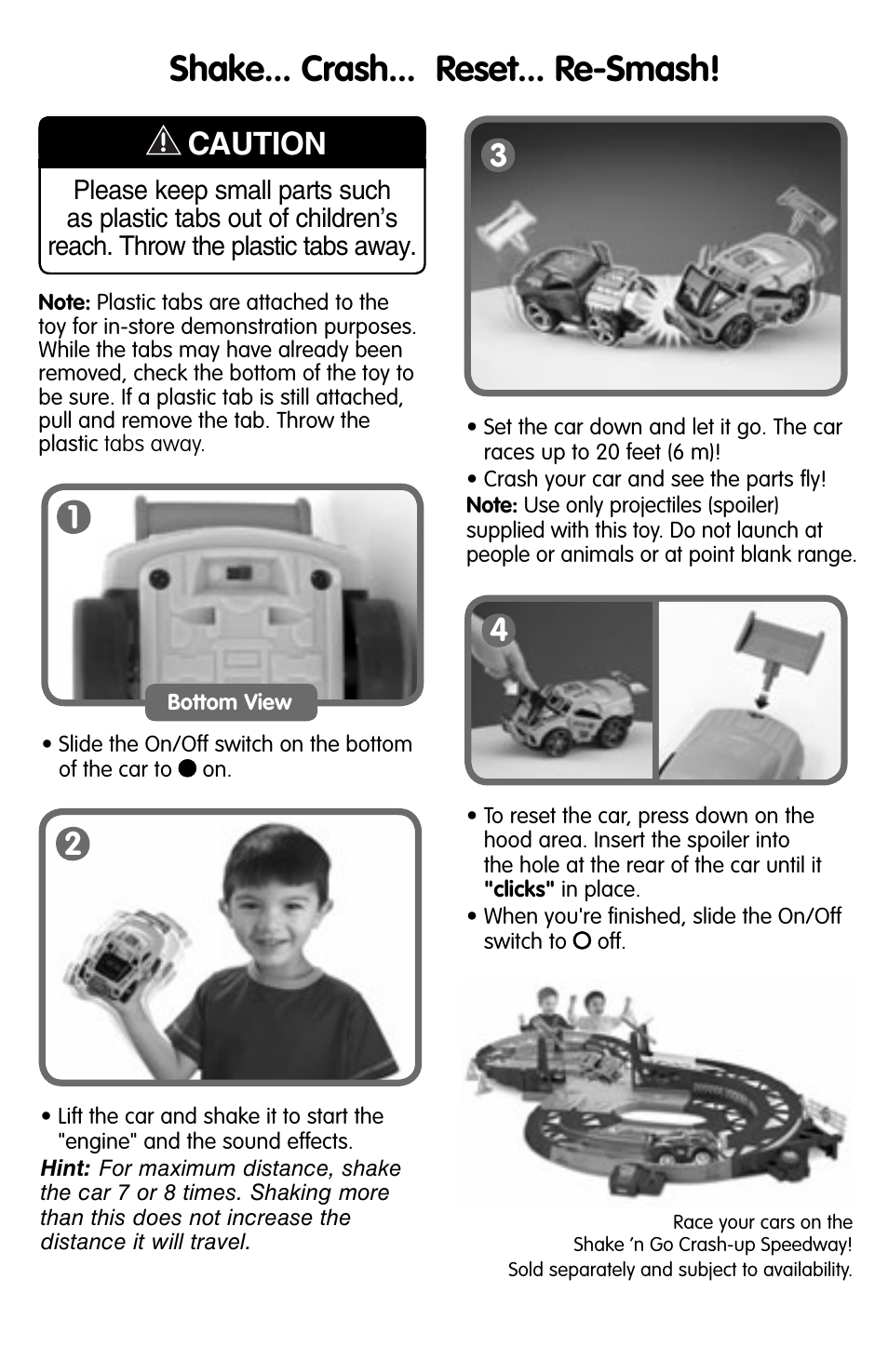 Shake... crash... reset... re-smash, Caution | Fisher-Price L3778 User Manual | Page 3 / 4