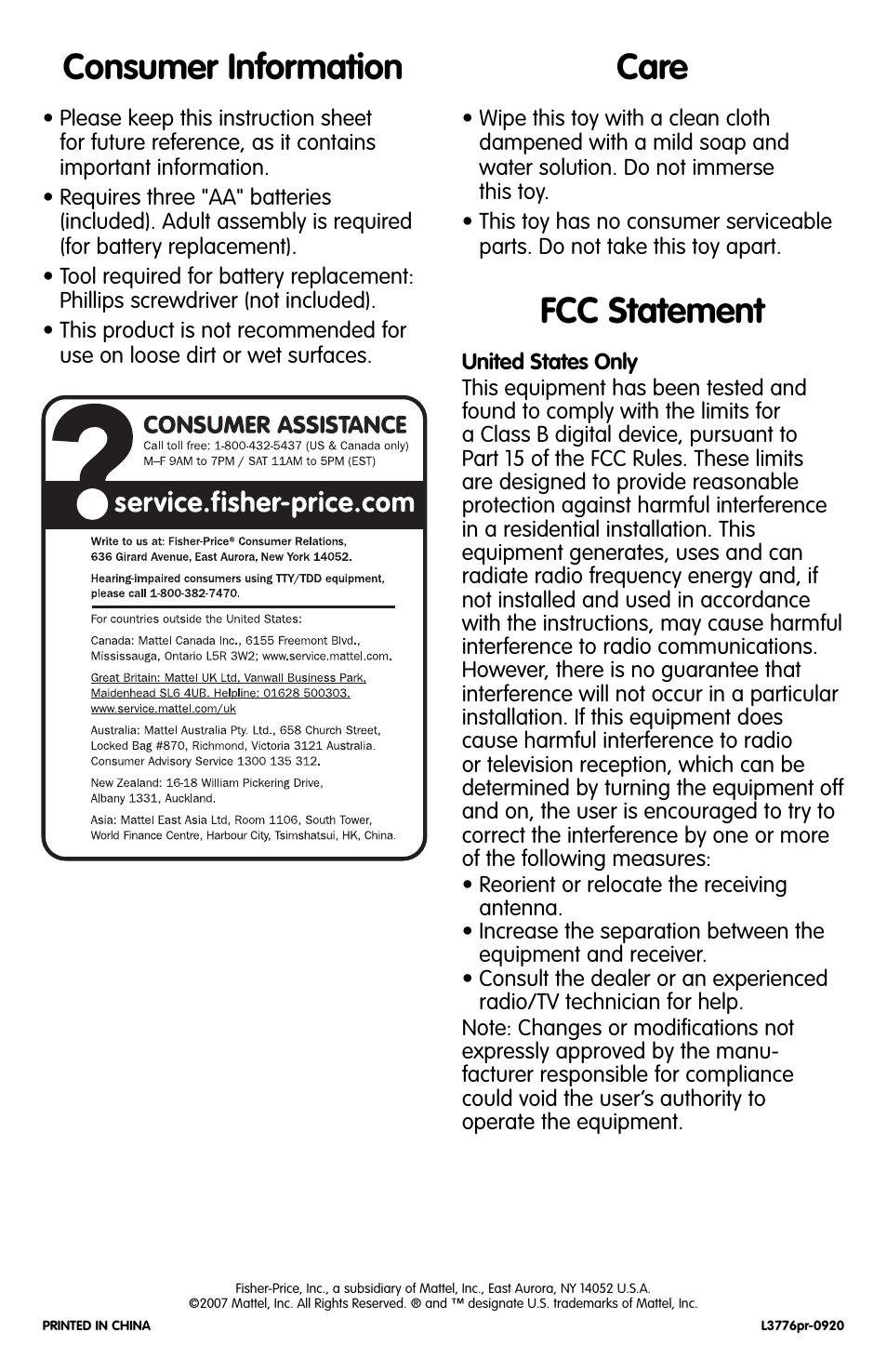 Fcc statement, Care consumer information | Fisher-Price L3778 User Manual | Page 4 / 4