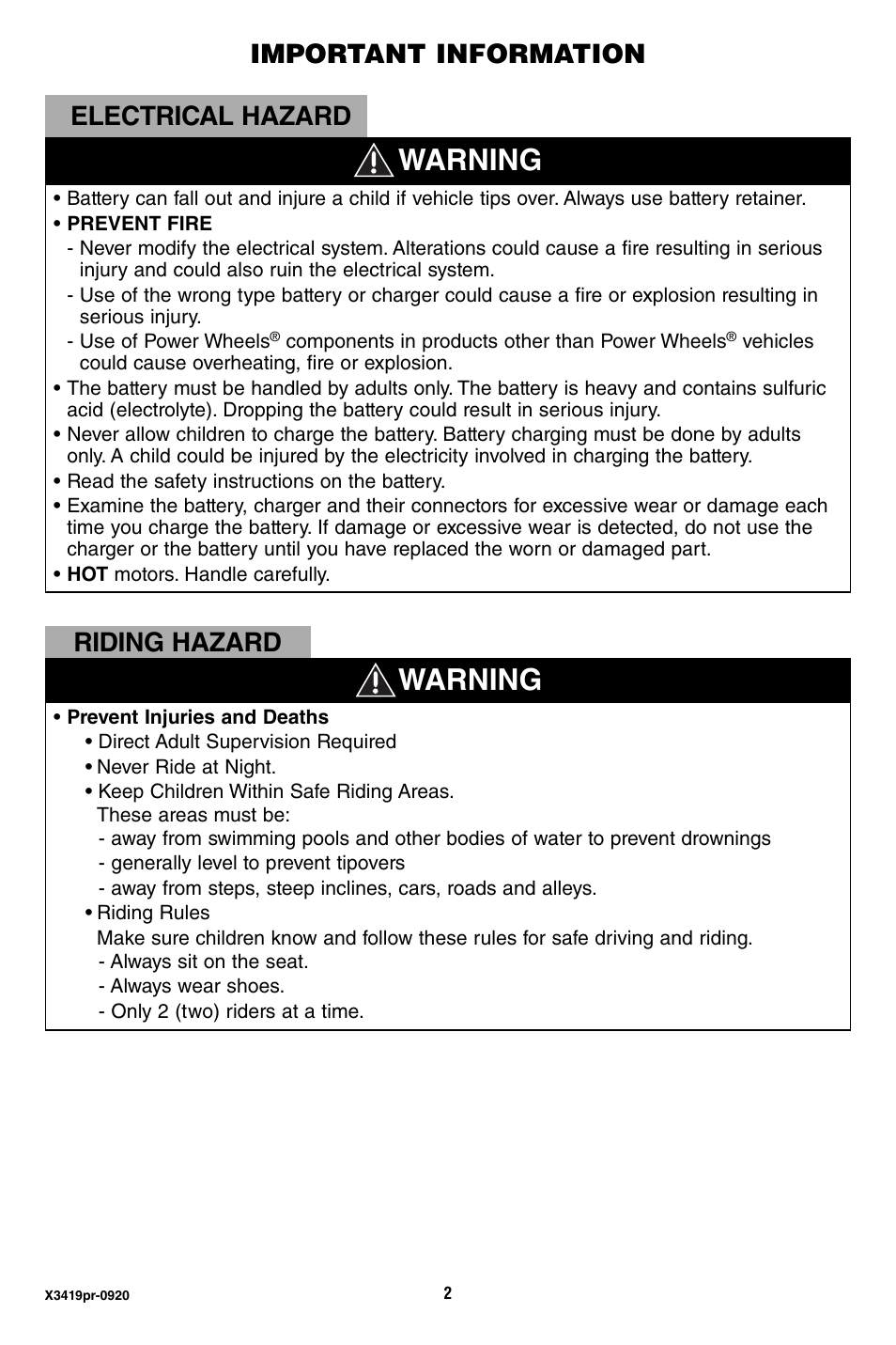 Warning, Important information, Riding hazard | Electrical hazard | Fisher-Price X3419 User Manual | Page 2 / 28