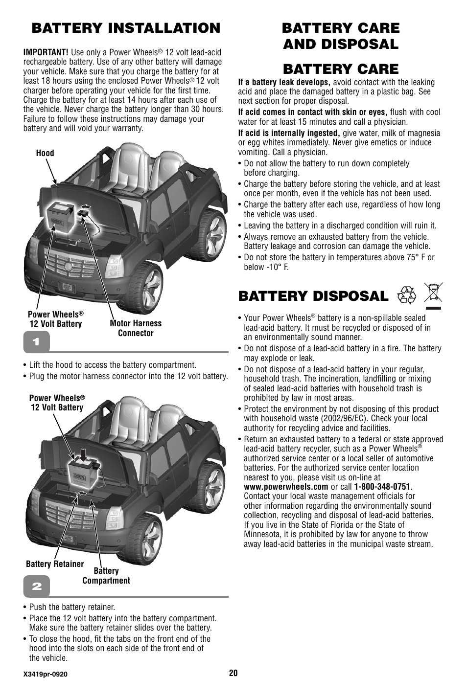 Battery installation, Battery care, Battery care and disposal | Battery disposal | Fisher-Price X3419 User Manual | Page 20 / 28