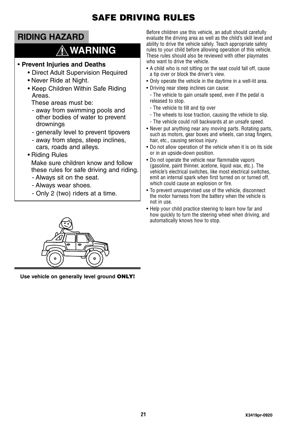 Warning, Safe driving rules, Riding hazard | Fisher-Price X3419 User Manual | Page 21 / 28