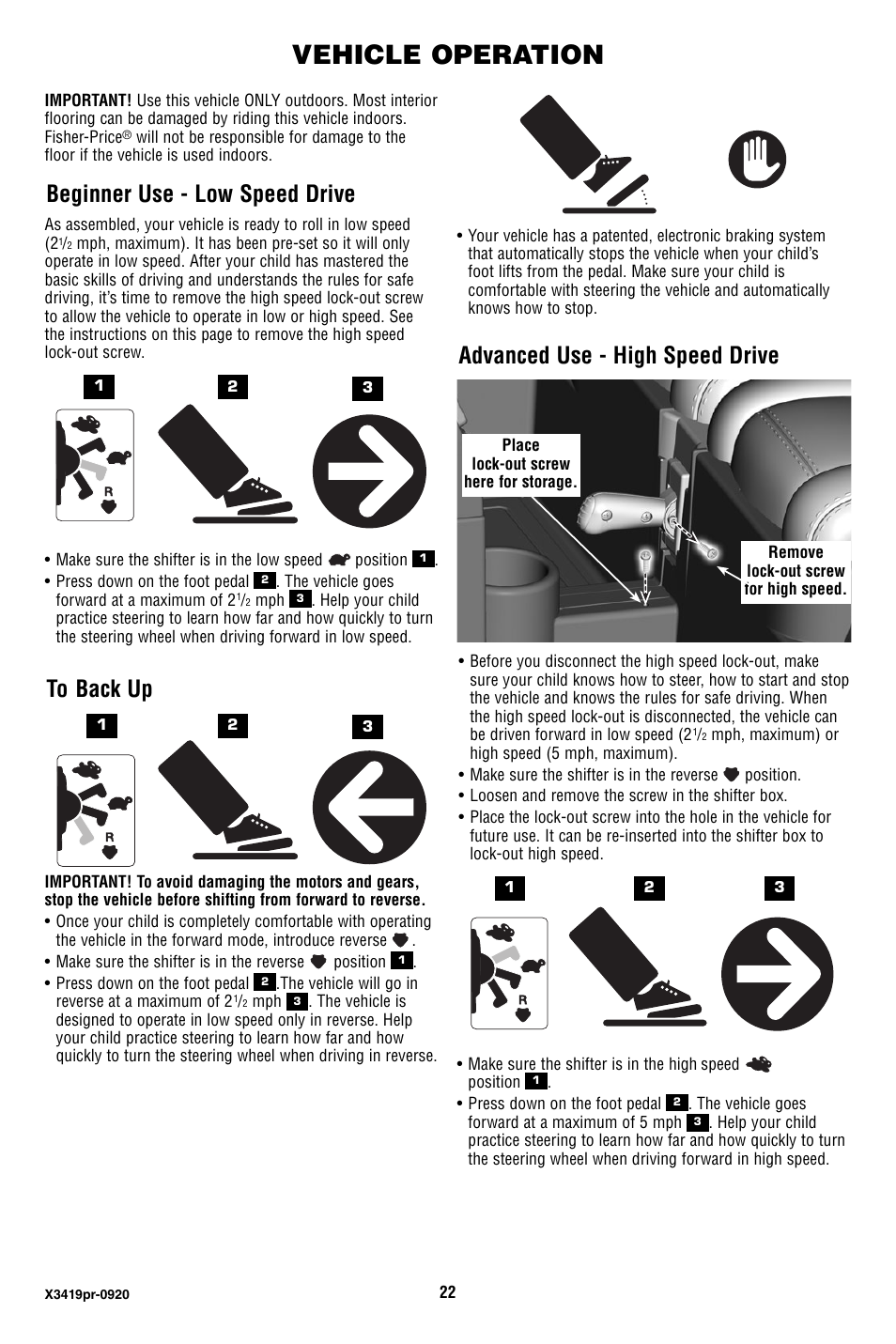 Vehicle operation, Beginner use - low speed drive, Advanced use - high speed drive | Fisher-Price X3419 User Manual | Page 22 / 28