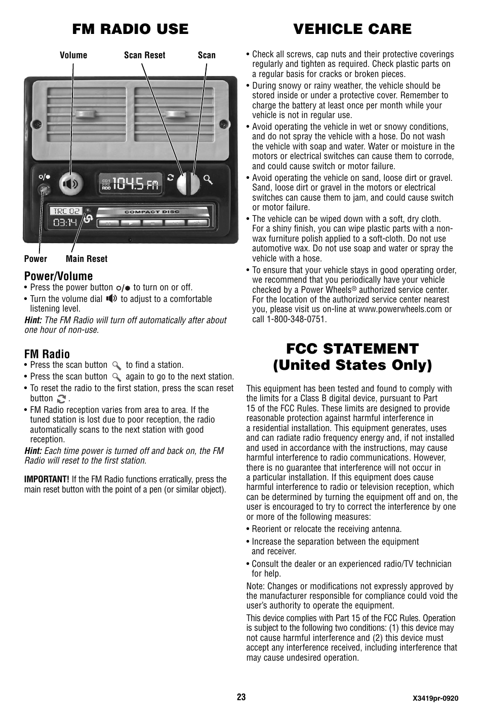 Fm radio use, Vehicle care, Fcc statement (united states only) | Power/volume, Fm radio | Fisher-Price X3419 User Manual | Page 23 / 28