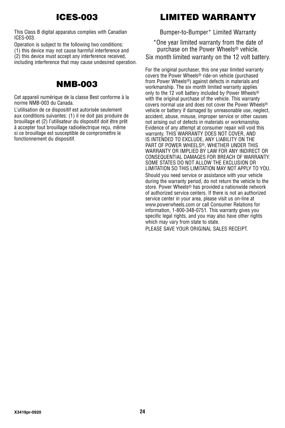 Limited warranty, Ices-003, Nmb-003 | Fisher-Price X3419 User Manual | Page 24 / 28